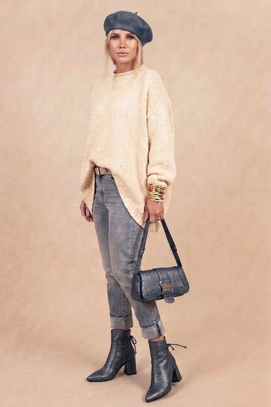 Dress ankle boots back laces in denim blue leather with high flare heels and tapered toe - Worn view